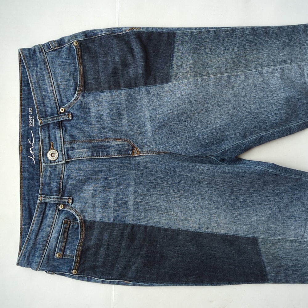 INC Patchwork Regular Fit Skinny Leg Raw Hem Distressed Denim Jeans 8 Blue - Picture 4 of 16